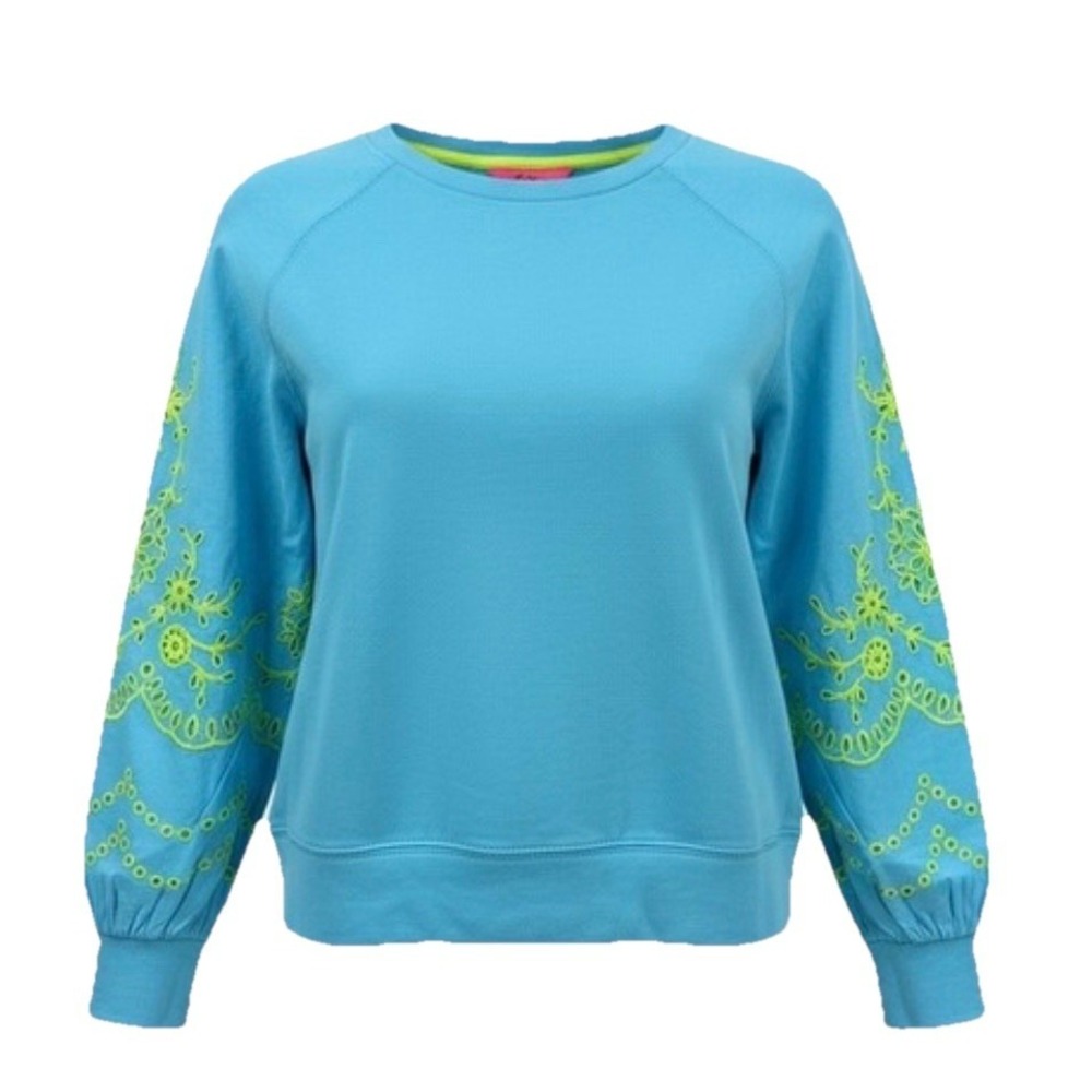 Lilly Pulitzer Top Women's XL Teal Long Sleeve Eyelet Alla Crew Neck Pullover - Picture 2 of 11